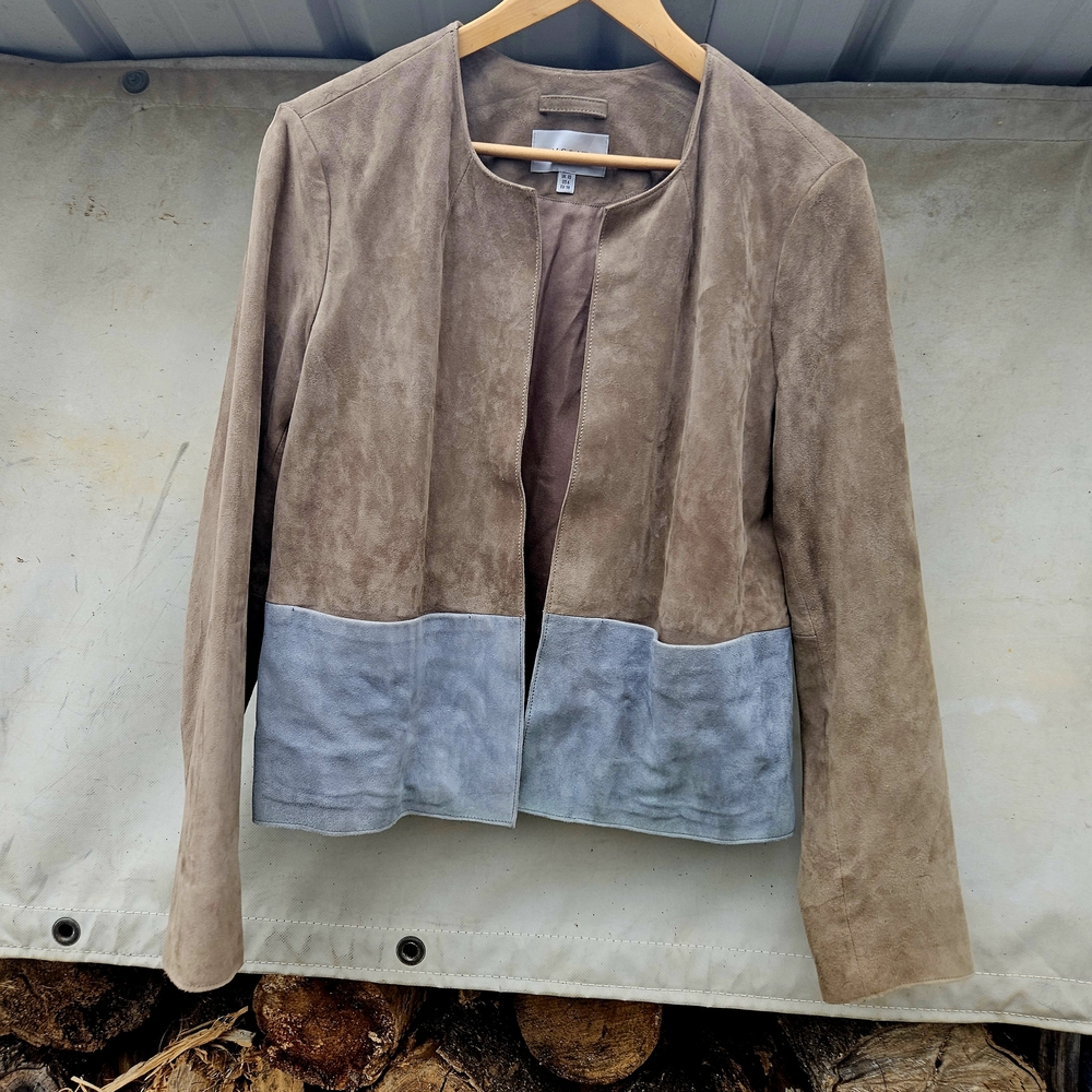JIGSAW brand Soft Suede Two-Tone Brown & Gray Leather Jacket MINIMALIST Small